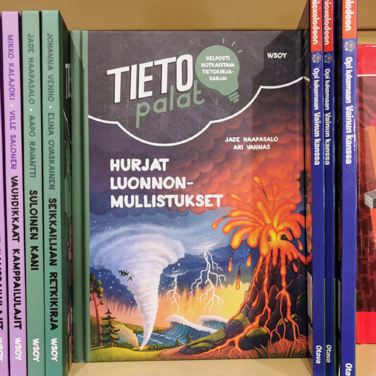 Lasten tietokirjan kannen kuvitus. Tietopalat Hurjat luonnonmullistukset.